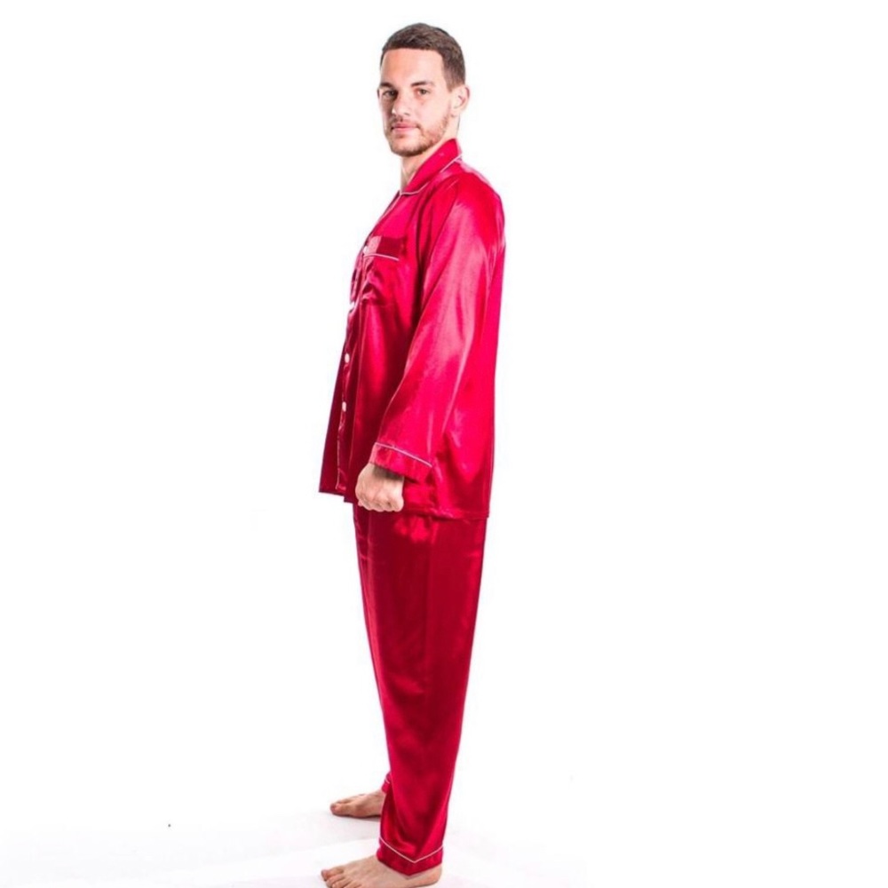SOLDMen's Satin Pajamas Long Sleeves + Pants - Picture 12 of 13